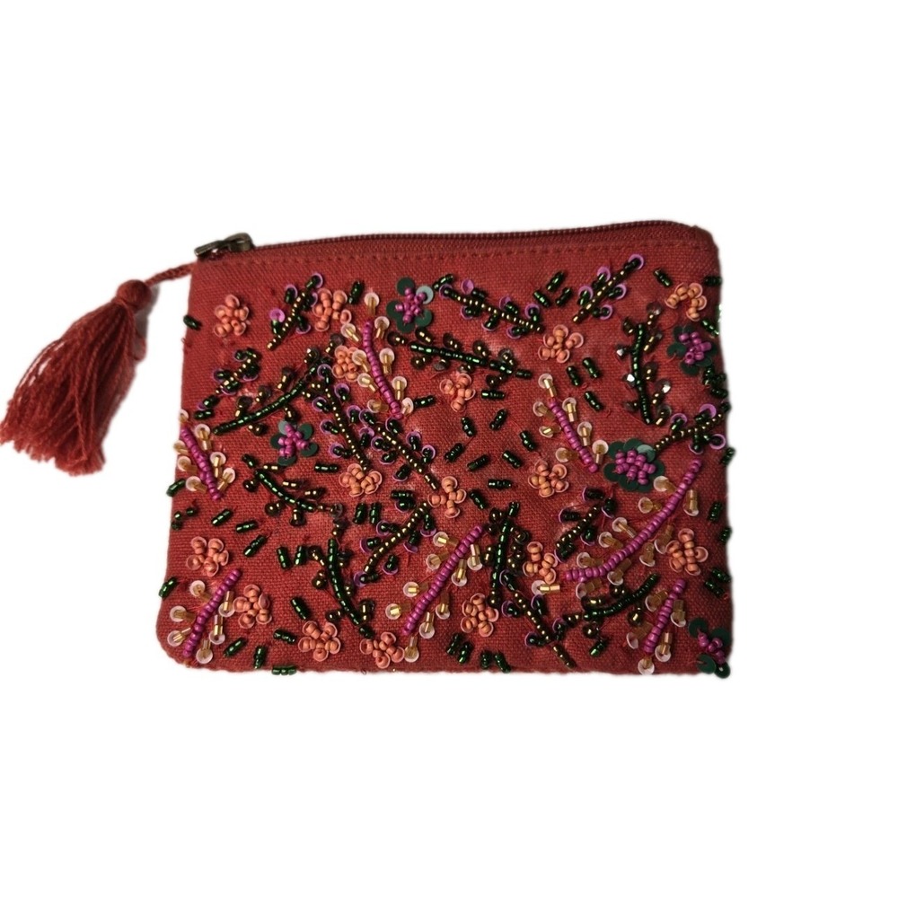 America‎ & Beyond Bohemian style small beaded pouch tassel red Linen blend